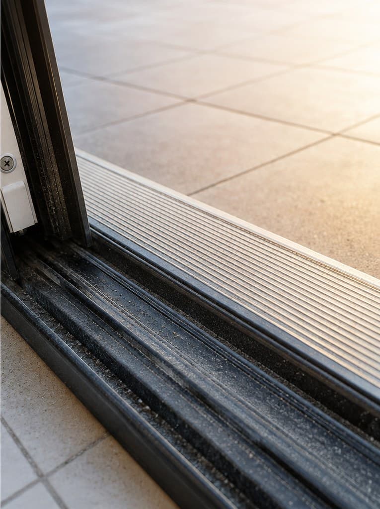 Sliding door track vacuumed, scrubbed, and flushed, before