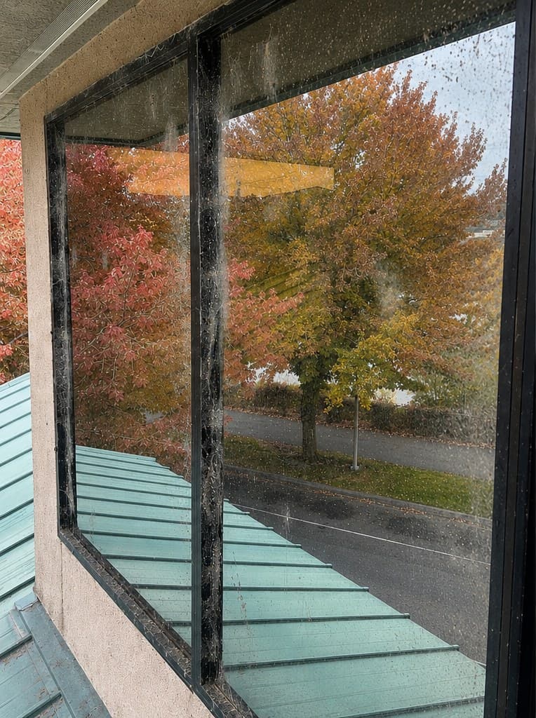 Years of grime and cobwebs cleared from fixed glass, before